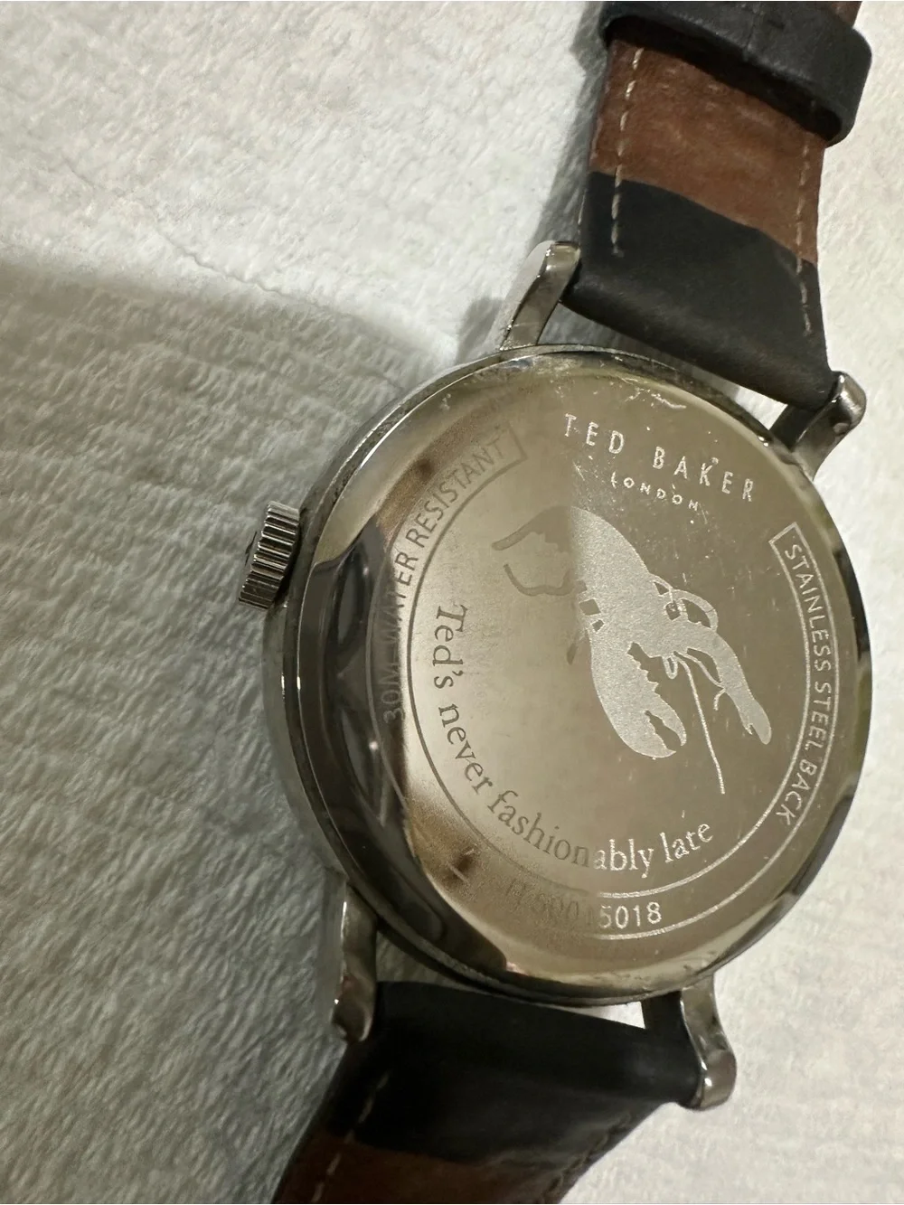 Ted Baker Silver Case Black Leather Strap Cream Textured Dial Watch